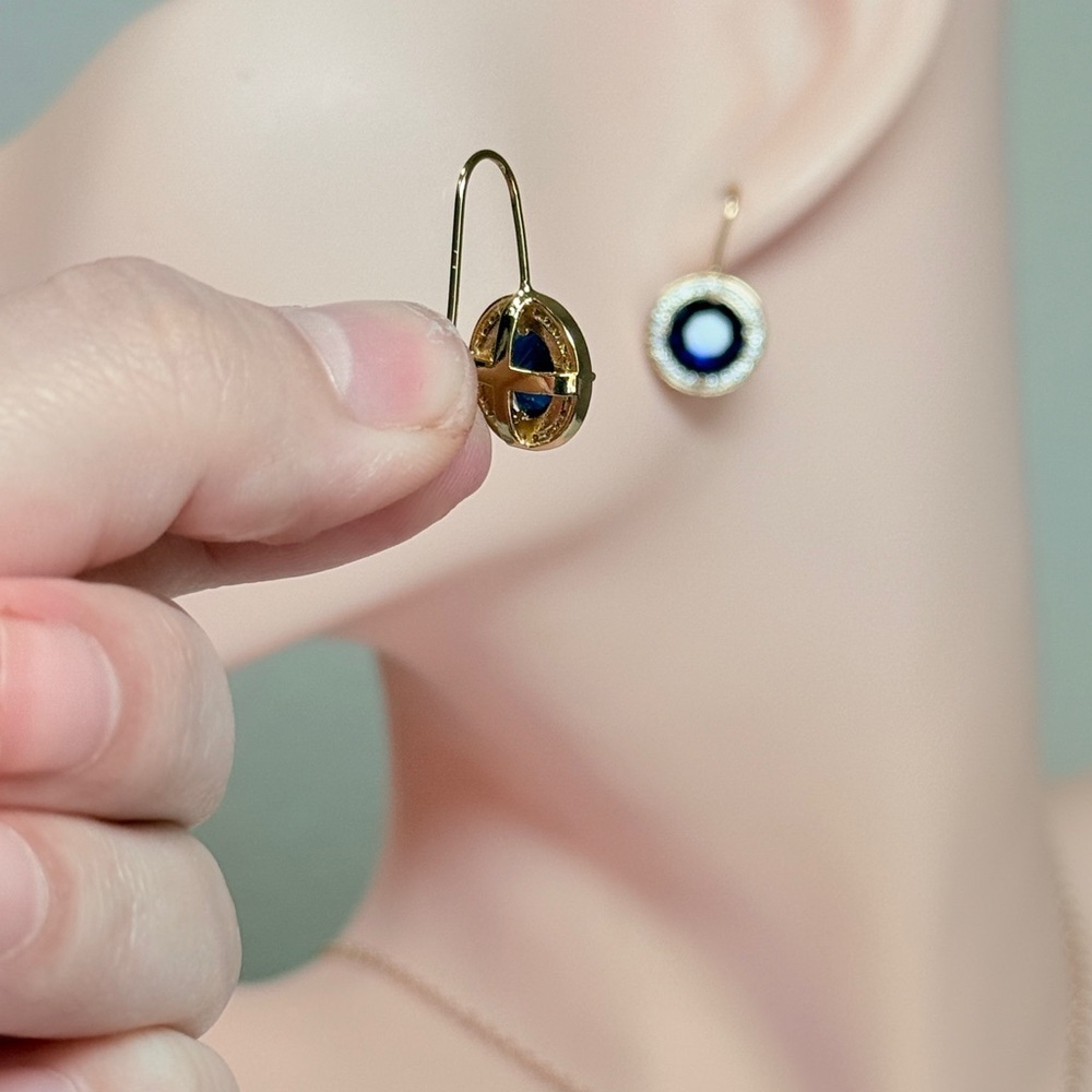 ⚜️ Elegant Gold Earrings With Blue and Clear Zirconia 💎 - Picture 9 of 11